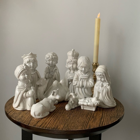 Arnels Pottery Vintage Nativity set Blue Christmas Holy‎ Family Handmade set 10p - Picture 1 of 17